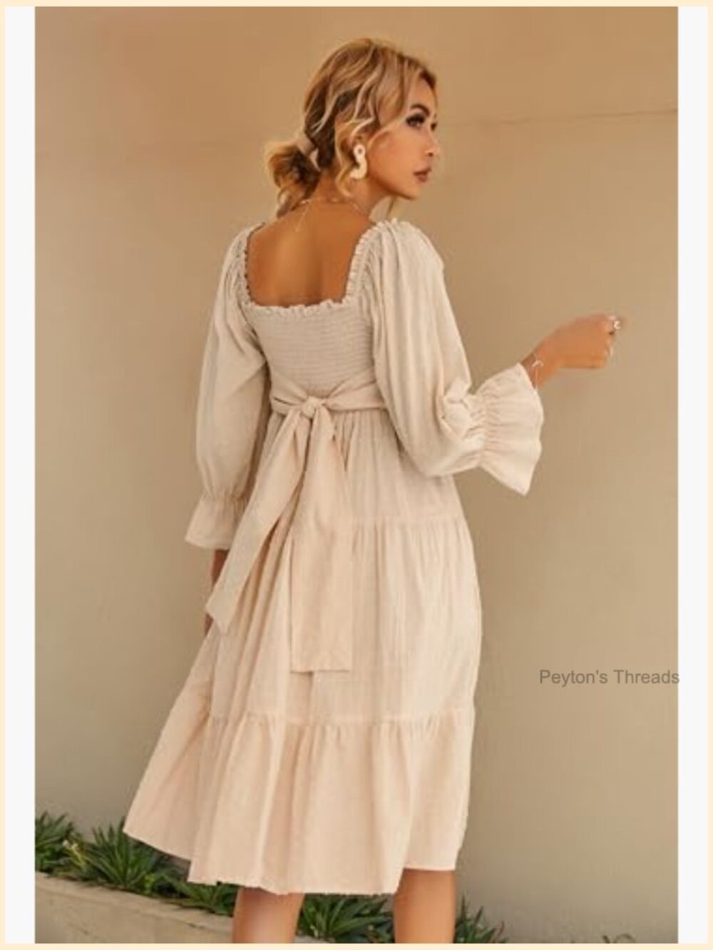 Women's Cotton Puff Sleeve Off-Shoulder Bow Midi Dress - Picture 2 of 7